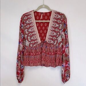 Free People Boho Western Gathered Peplum Women’s Size S Floral Rayon Cotton Top